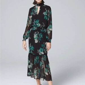 White House Black Market Smocked Midi Dress Amber Floral Green Size 4